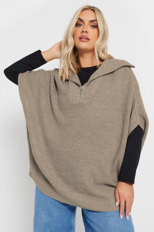 Evans YOURS Curve Natural Brown Quarter Zip Short Sleeve Jumper