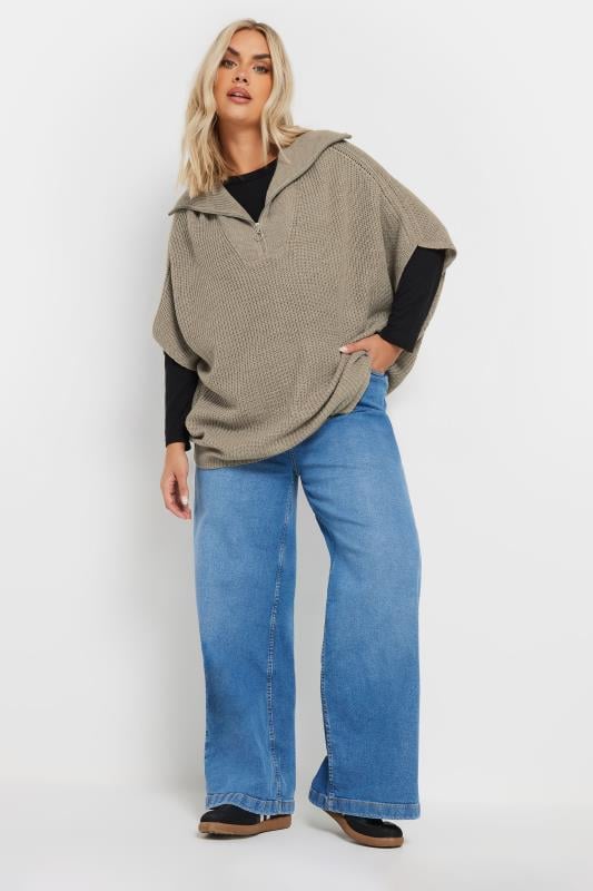 Evans YOURS Curve Natural Brown Quarter Zip Short Sleeve Jumper