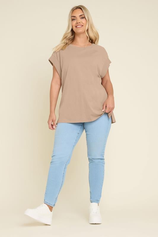 Evans YOURS Curve Natural Brown Ribbed Hem Grown On Sleeve T-Shirt