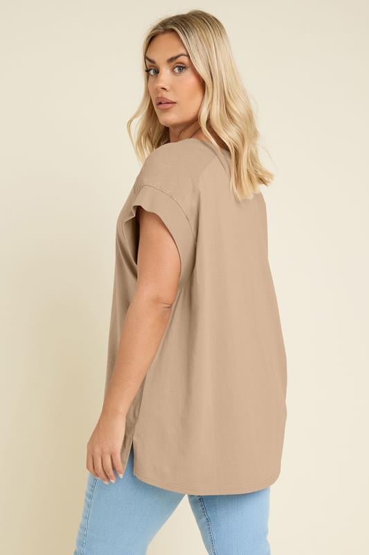 Evans YOURS Curve Natural Brown Ribbed Hem Grown On Sleeve T-Shirt