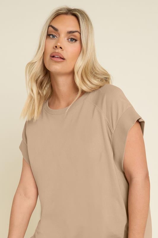 Evans YOURS Curve Natural Brown Ribbed Hem Grown On Sleeve T-Shirt