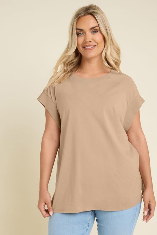 evans YOURS Curve Natural Brown Ribbed Hem Grown On Sleeve T-Shirt