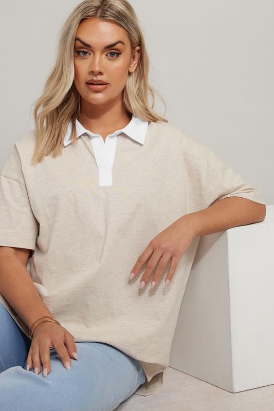 Evans YOURS Curve Natural Brown Rugby Collar T-Shirt