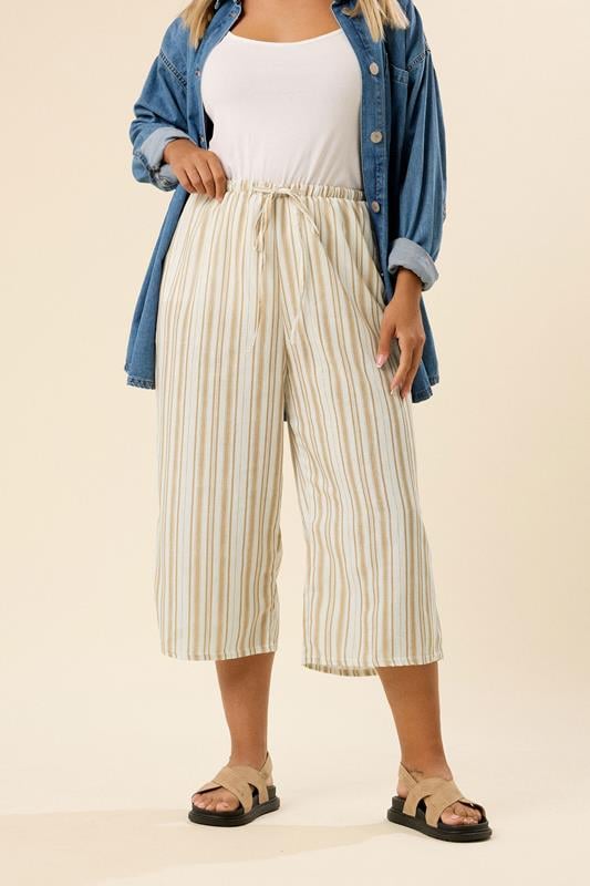 evans YOURS Curve Natural Brown Stripe Linen Look Culottes