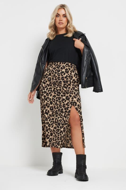 Evans YOURS Curve Natural Brown Textured Leopard Print Maxi Skirt