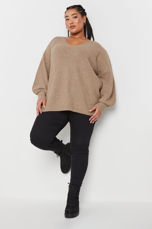 Evans YOURS Curve Natural Brown V-Neck Balloon Sleeve Jumper