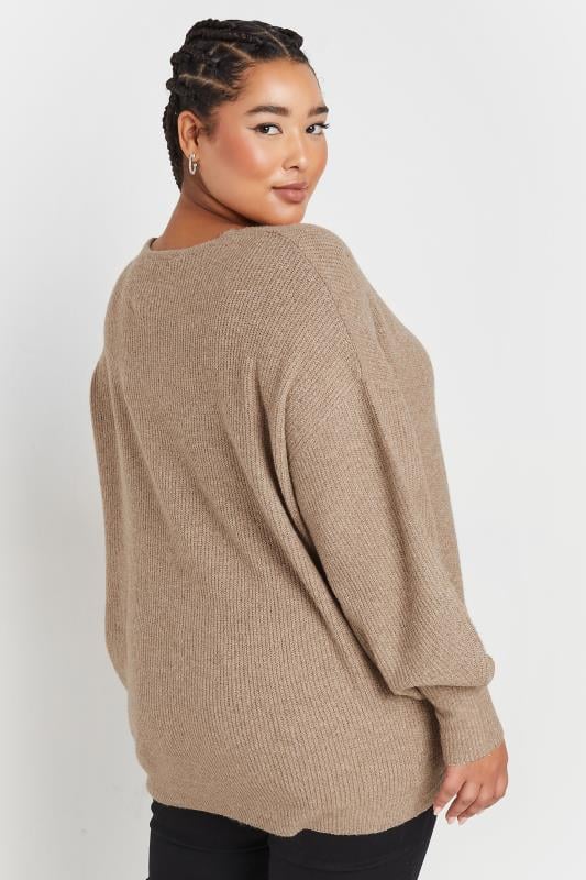 Evans YOURS Curve Natural Brown V-Neck Balloon Sleeve Jumper