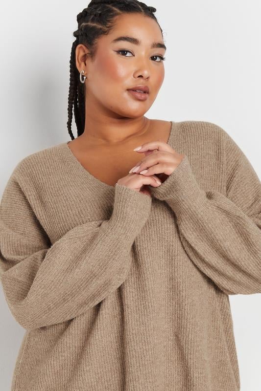 Evans YOURS Curve Natural Brown V-Neck Balloon Sleeve Jumper