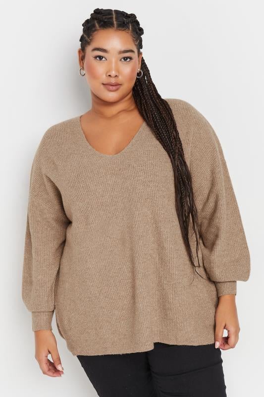 evans YOURS Curve Natural Brown V-Neck Balloon Sleeve Jumper