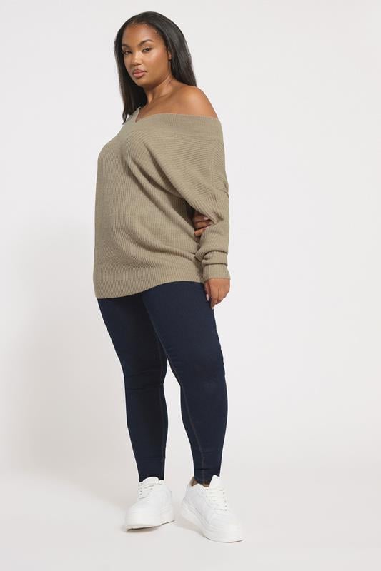 Evans YOURS Curve Natural Brown V-Neck Knitted Jumper
