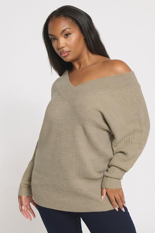 evans YOURS Curve Natural Brown V-Neck Knitted Jumper