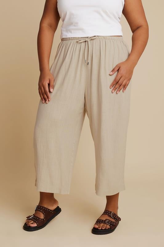Evans YOURS Curve Natural Brown Wide Leg Ankle Grazer Linen Trousers