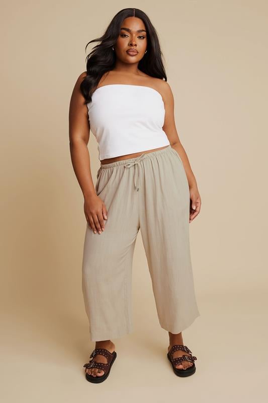 Evans YOURS Curve Natural Brown Wide Leg Ankle Grazer Linen Trousers