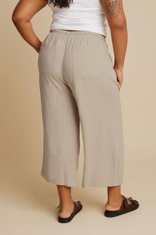 Evans YOURS Curve Natural Brown Wide Leg Ankle Grazer Linen Trousers