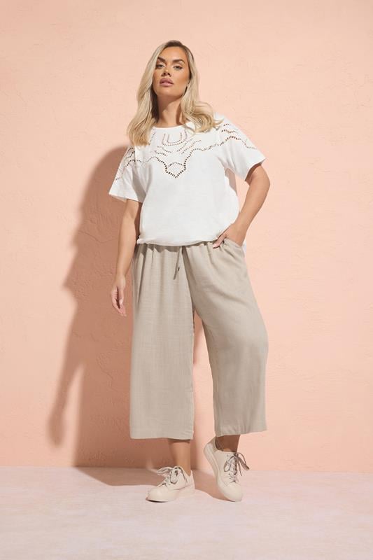 evans YOURS Curve Natural Brown Wide Leg Ankle Grazer Linen Trousers