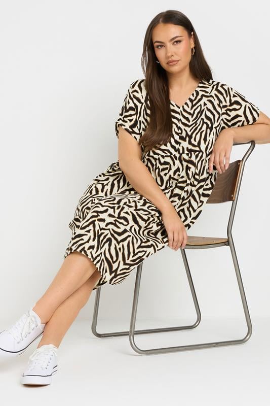 Evans YOURS Curve Natural Brown Zebra Pleat Front Dress