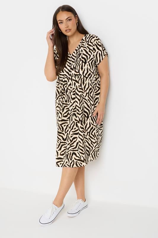 evans YOURS Curve Natural Brown Zebra Pleat Front Dress