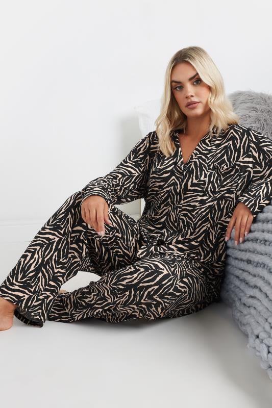 evans YOURS Curve Natural Brown Zebra Print Soft Touch Pyjama Set