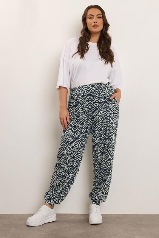 Evans YOURS Curve Navy Blue Abstract Cuffed Harem Trousers