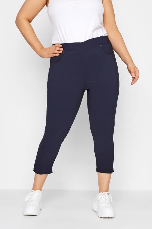 evans YOURS Curve Navy Blue Bengaline Stretch Cropped Pull On Trousers