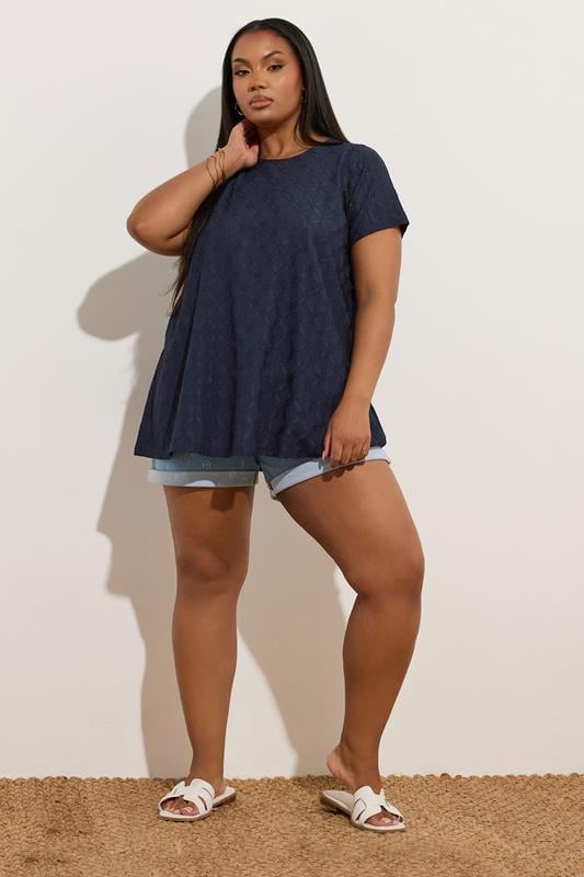 Evans YOURS Curve Navy Blue Broderie Anglaise Textured Swing Top