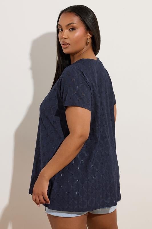 Evans YOURS Curve Navy Blue Broderie Anglaise Textured Swing Top