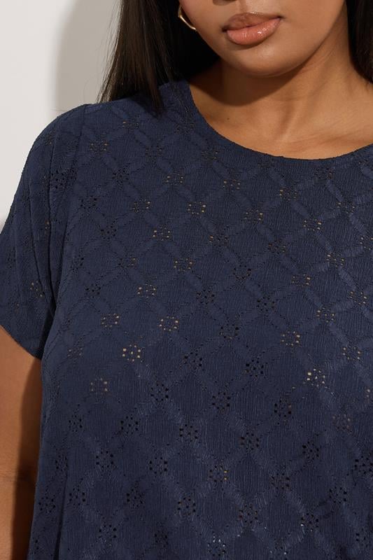 Evans YOURS Curve Navy Blue Broderie Anglaise Textured Swing Top