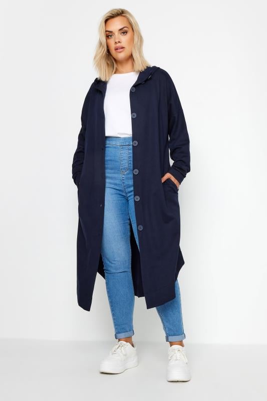Evans YOURS Curve Navy Blue Button Through Hooded Maxi Jacket