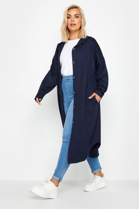 evans YOURS Curve Navy Blue Button Through Hooded Maxi Jacket