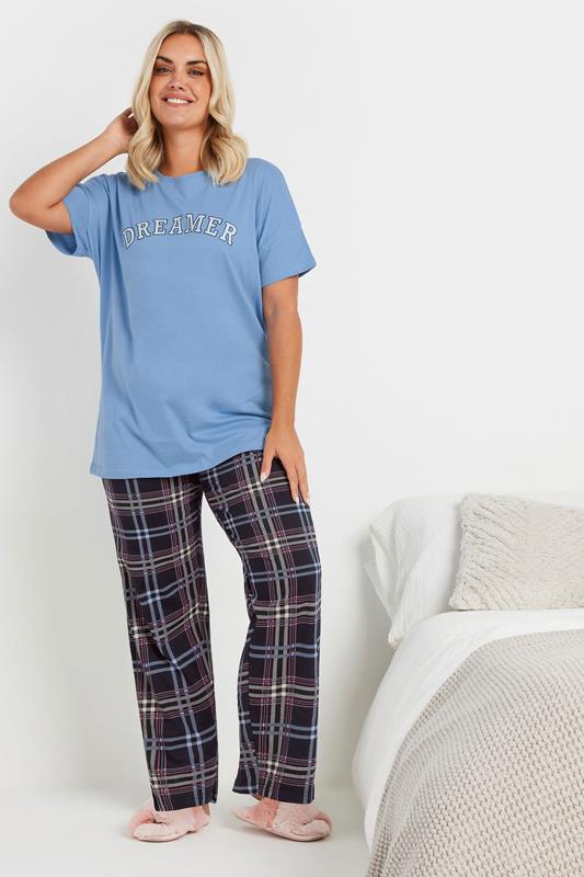 Evans YOURS Curve Navy Blue Check Wide Leg Pyjama Bottoms