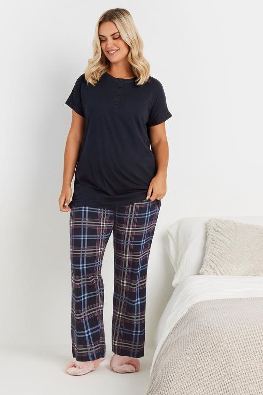 Evans YOURS Curve Navy Blue Check Wide Leg Pyjama Bottoms