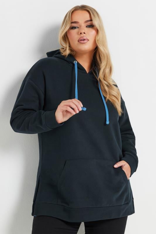 evans YOURS Curve Navy Blue Contrast Drawstring Hoodie