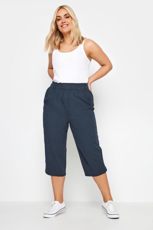 Evans YOURS Curve Navy Blue Cool Cotton Cropped Trousers