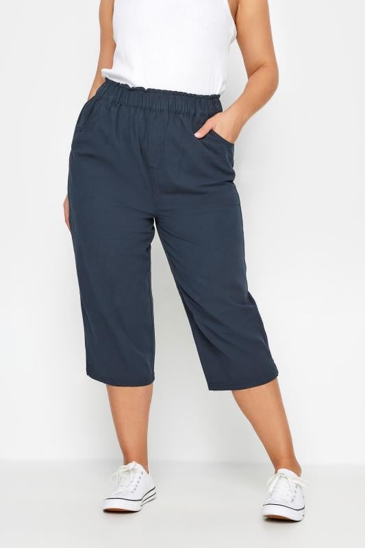 evans YOURS Curve Navy Blue Cool Cotton Cropped Trousers