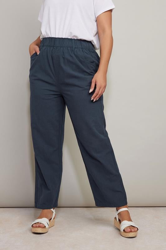 evans YOURS Curve Navy Blue Cool Cotton Wide Leg Trousers