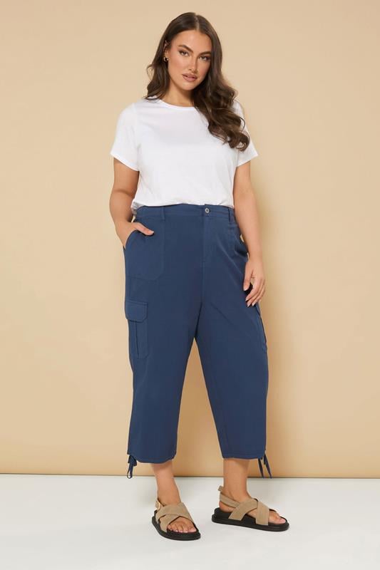 Evans YOURS Curve Navy Blue Cotton Cropped Cargo Trousers