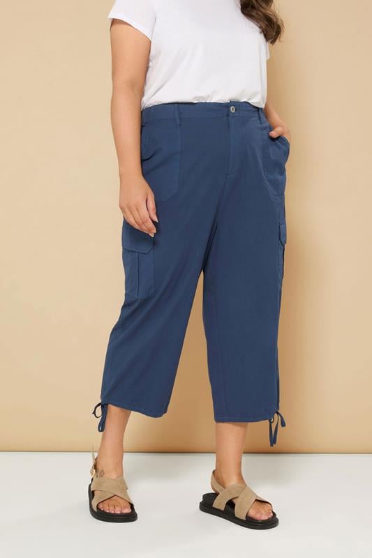 evans YOURS Curve Navy Blue Cotton Cropped Cargo Trousers
