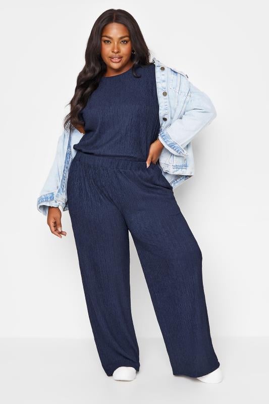 Evans YOURS Curve Navy Blue Crinkle Plisse Wide Leg Trousers