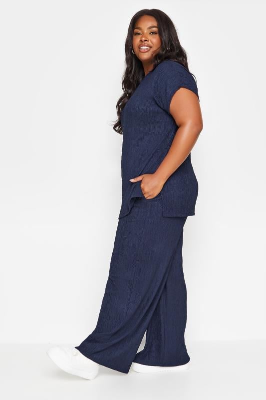 Evans YOURS Curve Navy Blue Crinkle Plisse Wide Leg Trousers