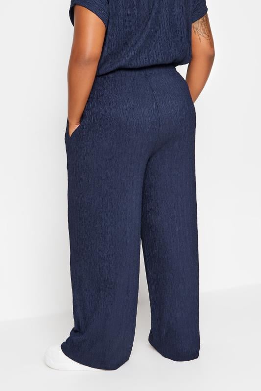 Evans YOURS Curve Navy Blue Crinkle Plisse Wide Leg Trousers