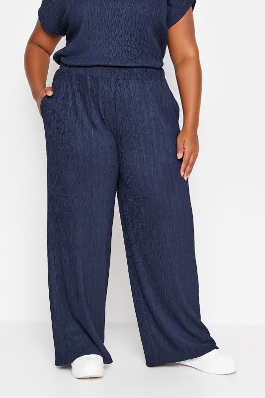 evans YOURS Curve Navy Blue Crinkle Plisse Wide Leg Trousers