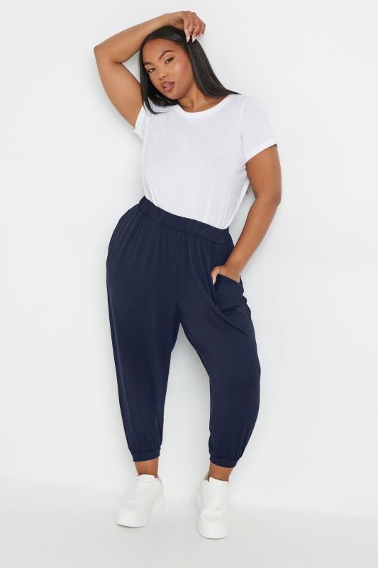 Evans YOURS Curve Navy Blue Cropped Jersey Harem Joggers