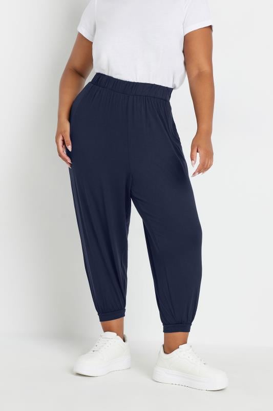 evans YOURS Curve Navy Blue Cropped Jersey Harem Joggers