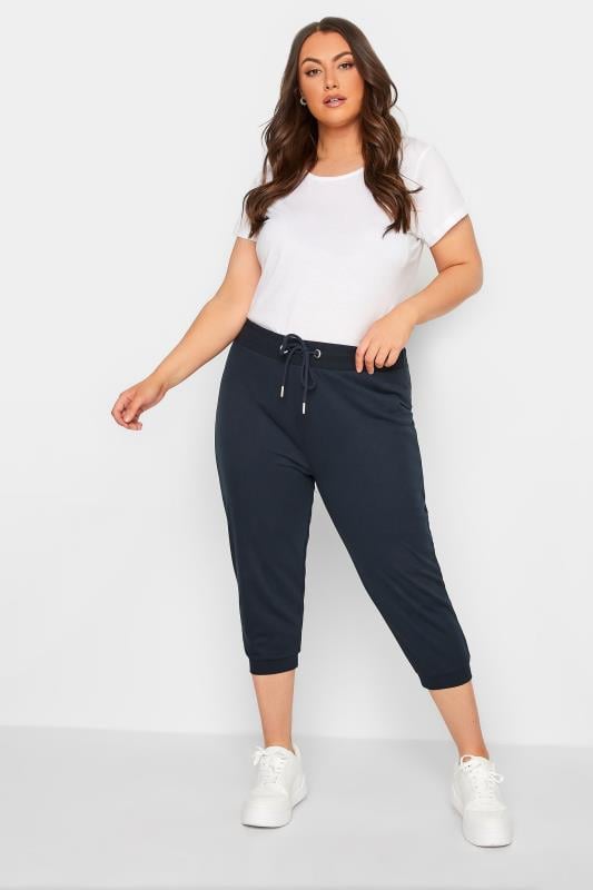 Evans YOURS Curve Navy Blue Cropped Stretch Joggers