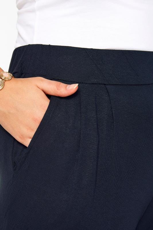 Evans YOURS Curve Navy Blue Double Pleat Stretch Jersey Joggers