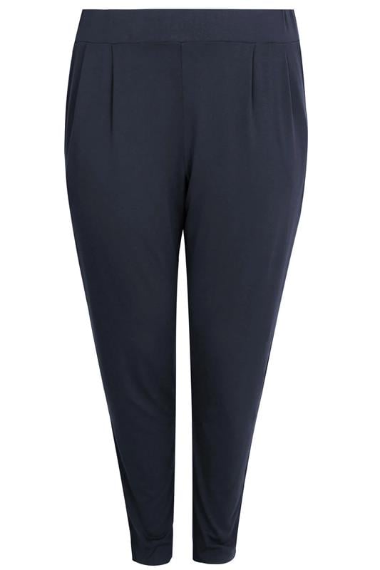 Evans YOURS Curve Navy Blue Double Pleat Stretch Jersey Joggers