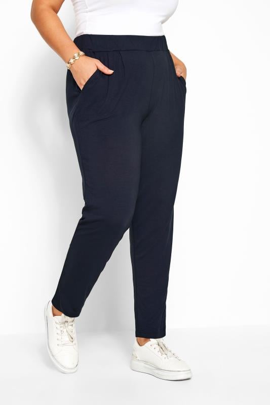 evans YOURS Curve Navy Blue Double Pleat Stretch Jersey Joggers