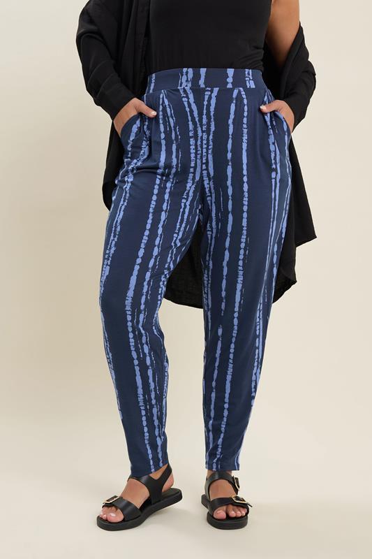 evans YOURS Curve Navy Blue Double Pleated Harem Trousers