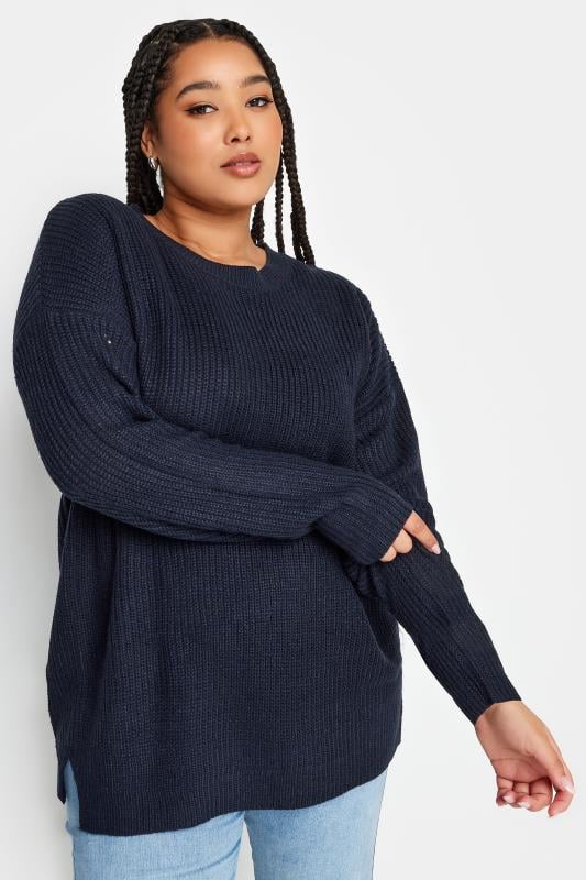 evans YOURS Curve Navy Blue Drop Shoulder Knitted Jumper