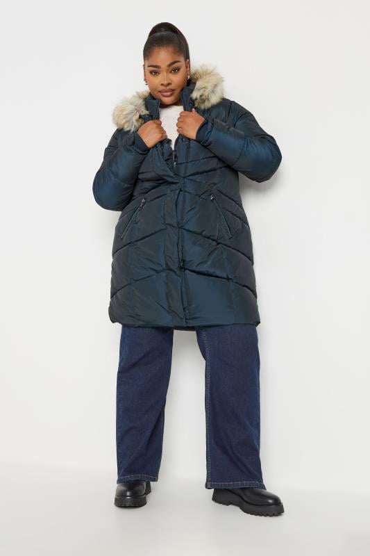 Evans YOURS Curve Navy Blue Faux Fur Trim Puffer Coat
